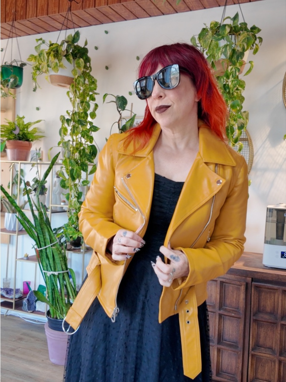 Women’s Yellow Faux Leather Moto Jacket with Silver Hardware
